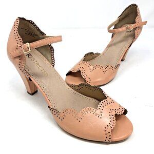 Restricted Heel Women 8.5 Blush Pink Faux Leather Peep Toe Cone Perforated Retro